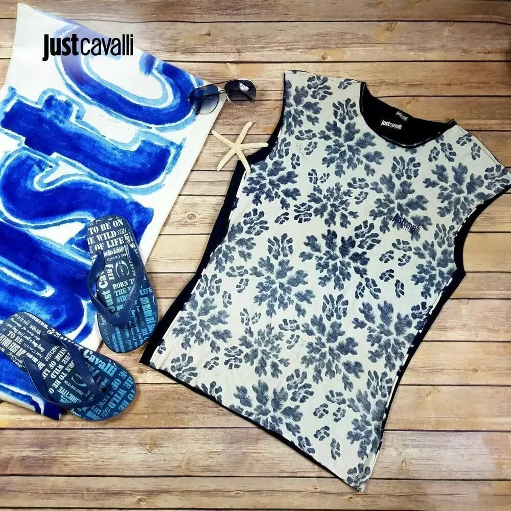 New Just Cavalli Men XS 46 Sleeveless Muscle Tee White Blue Floral Print Cotton - Picture 2 of 5